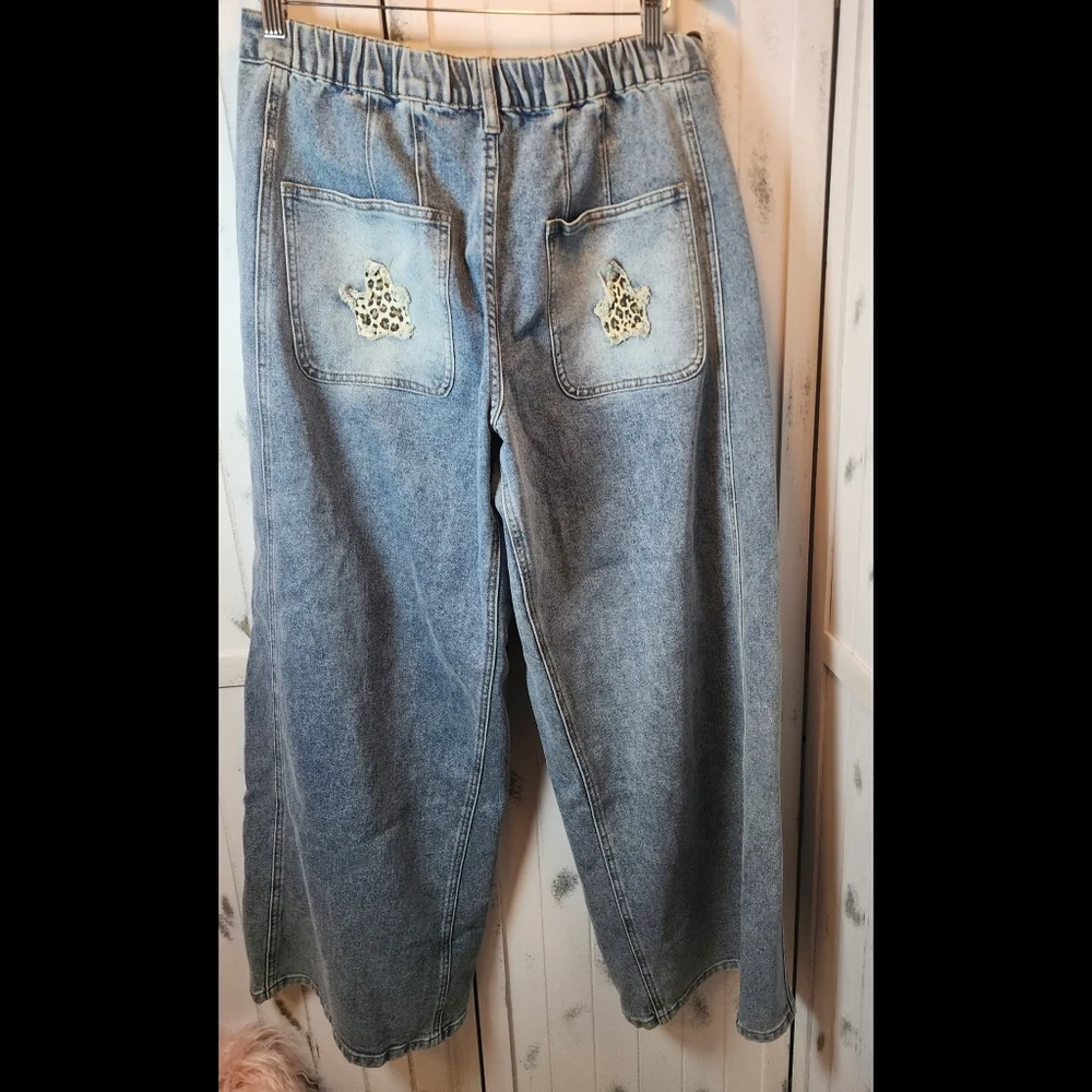 Blue Velvet Leopard Star Patch Wide-Leg Jeans